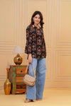 Women's Black Botanical Arch Print Short Kurti