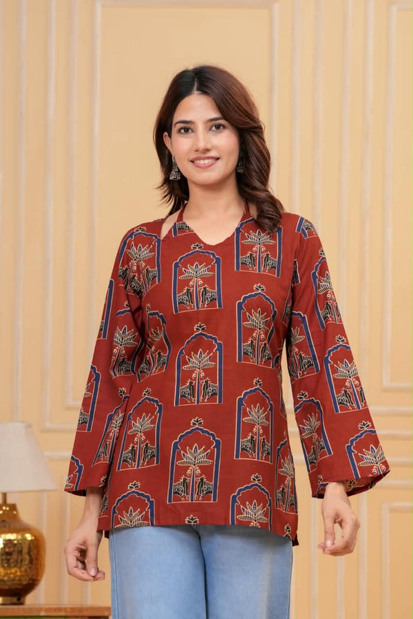 Women's Rust Botanical Arch Print Short Kurti