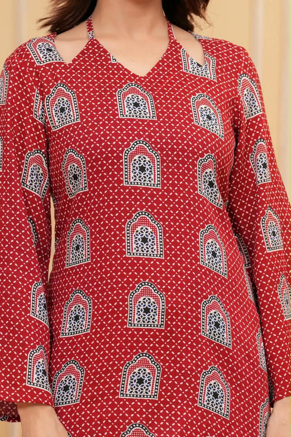 Women's Red Arch Motif Print Short Kurti