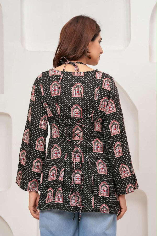 Women's Black Arch Motif Print Short Kurti
