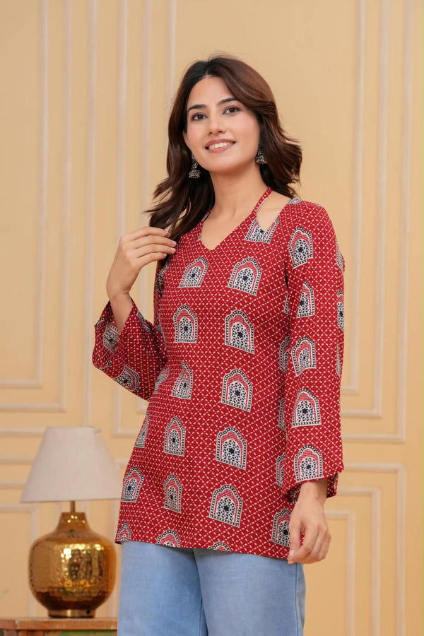 Women's Red Arch Motif Print Short Kurti