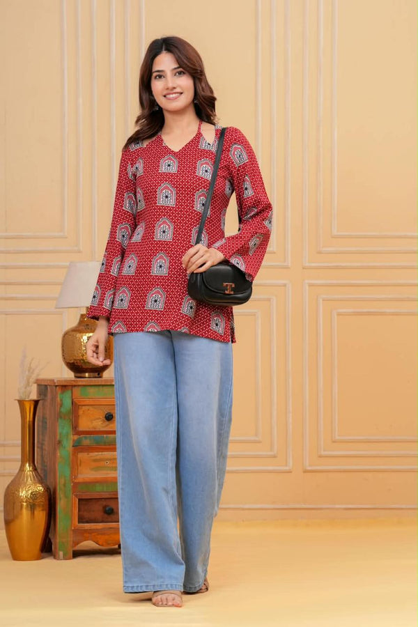 Women's Red Arch Motif Print Short Kurti