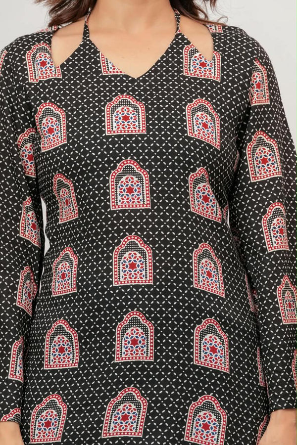 Women's Black Arch Motif Print Short Kurti