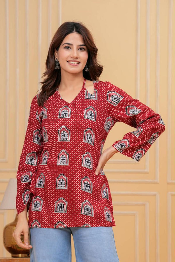 Women's Red Arch Motif Print Short Kurti