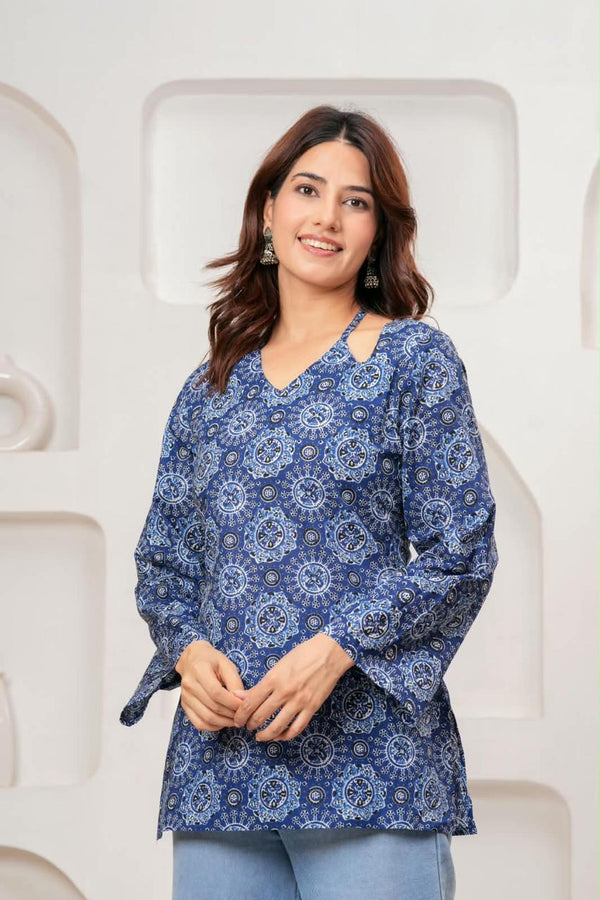 Women's Blue Medallion Print Short Kurti
