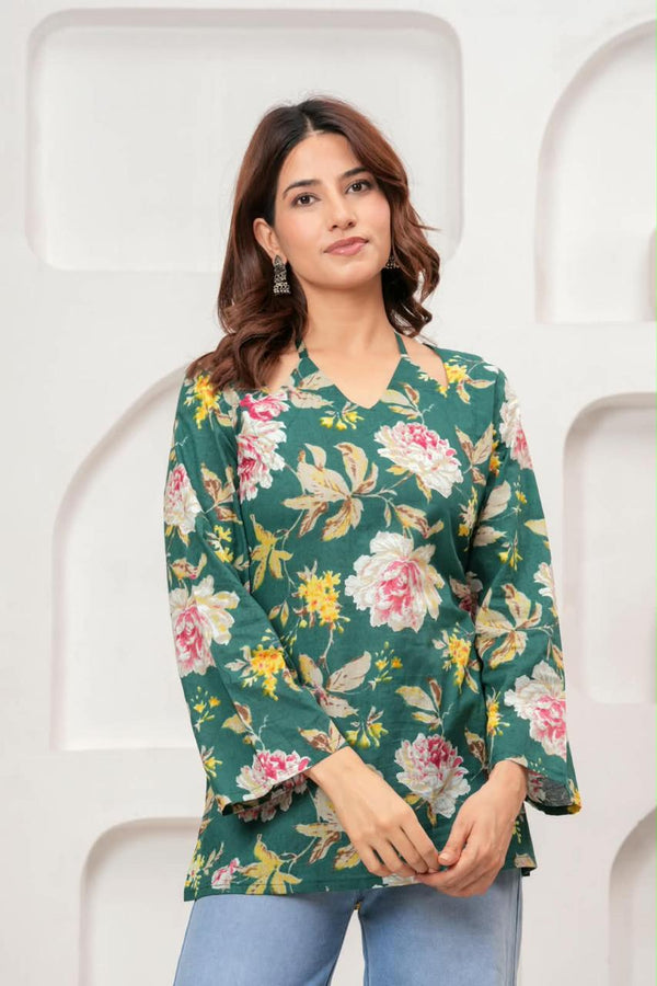 Women's Green Floral Print Short Kurti