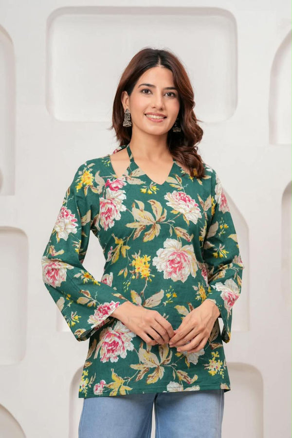Women's Green Floral Print Short Kurti