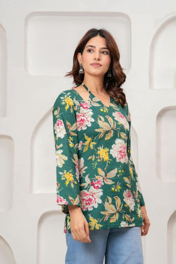 Women's Green Floral Print Short Kurti