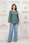 Women's Teal Ornamental Print Short Kurti