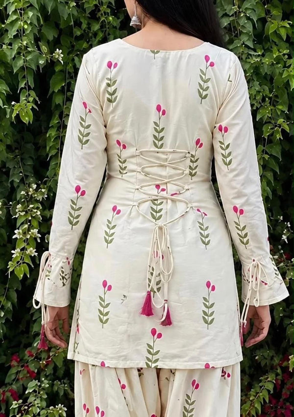 Women's Ivory Floral Print Kurta Palazzo Set with Pink Dupatta
