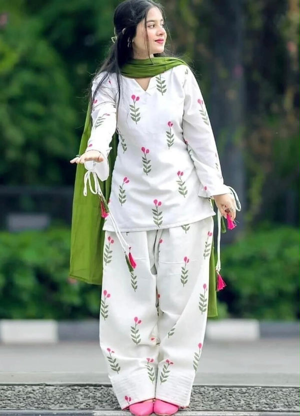 Women's White Floral Print Kurta Palazzo Set with Green Dupatta