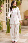 Women's White Floral Print Kurta Palazzo Set with Green Dupatta