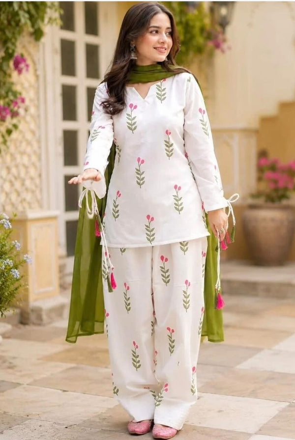 Women's White Floral Print Kurta Palazzo Set with Green Dupatta