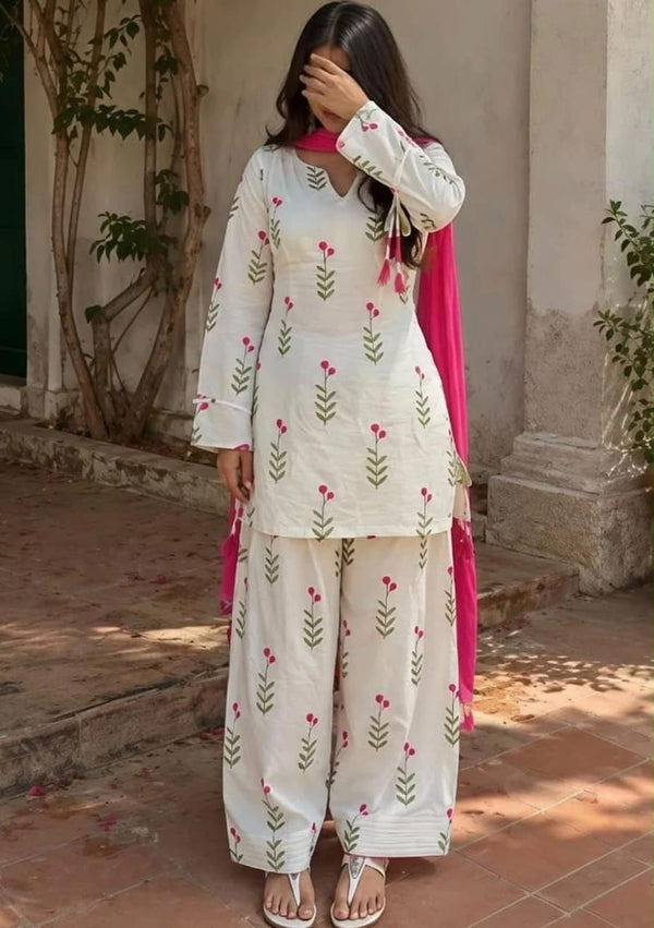 Women's Ivory Floral Print Kurta Palazzo Set with Pink Dupatta