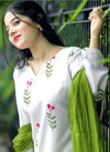Women's White Floral Print Kurta Palazzo Set with Green Dupatta