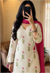 Women's Ivory Floral Print Kurta Palazzo Set with Pink Dupatta