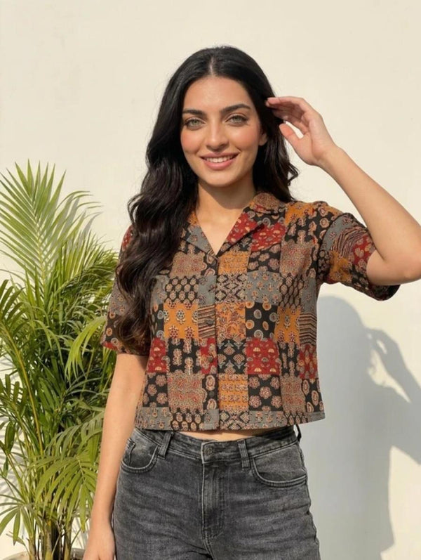 Women's Brown Multicolour Patchwork Print Collared Crop Shirt