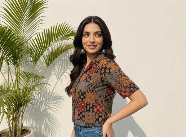 Women's Brown Multicolour Patchwork Print Collared Crop Shirt