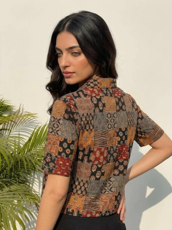 Women's Brown Multicolour Patchwork Print Collared Crop Shirt