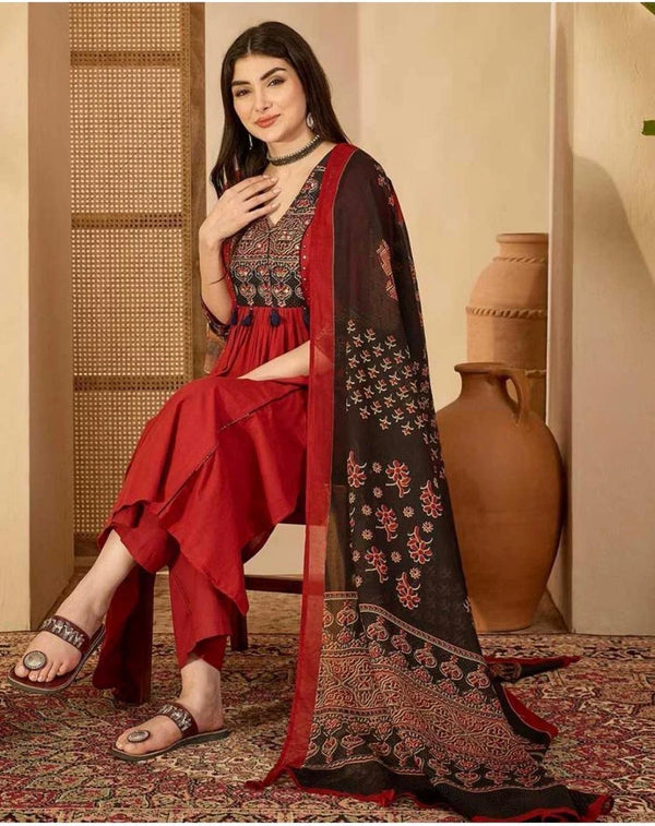 Women's Red & Black Decorative-Yoke Suit Set with Printed Dupatta
