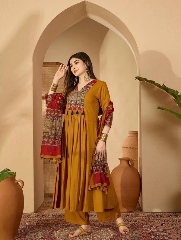Women's Mustard Embellished-Yoke Anarkali Suit Set with Dupatta