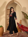 Women's Black Decorative-Yoke Anarkali Suit Set with Red Dupatta