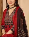 Women's Red & Black Decorative-Yoke Suit Set with Printed Dupatta