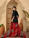 Women's Black Decorative-Yoke Anarkali Suit Set with Red Dupatta