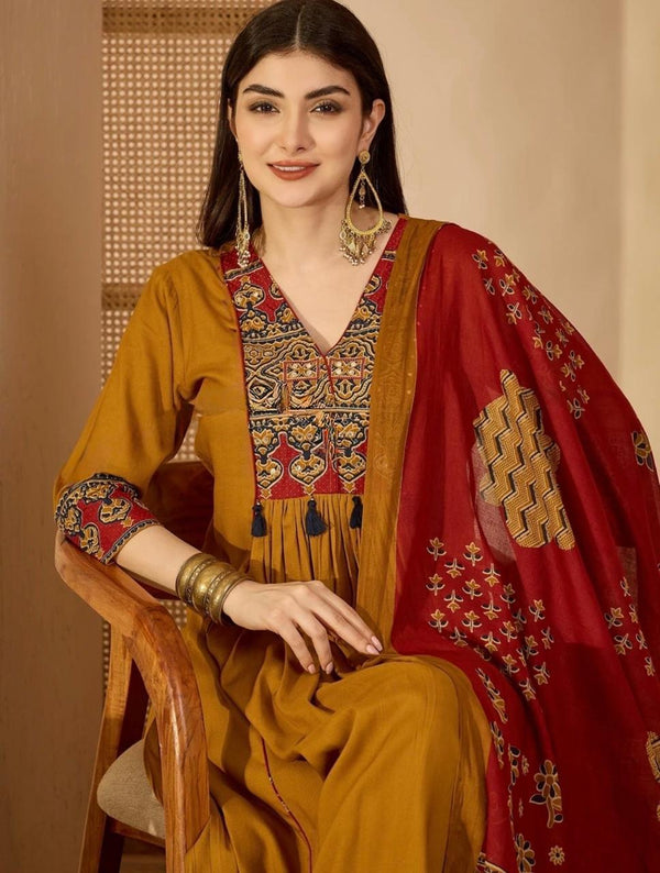 Women's Mustard Embellished-Yoke Anarkali Suit Set with Dupatta
