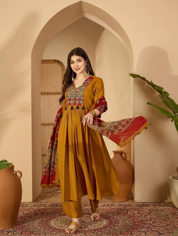 Women's Mustard Embellished-Yoke Anarkali Suit Set with Dupatta