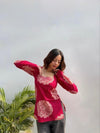 Women's Pink Oversized Floral Print Square-Neck Short Kurti