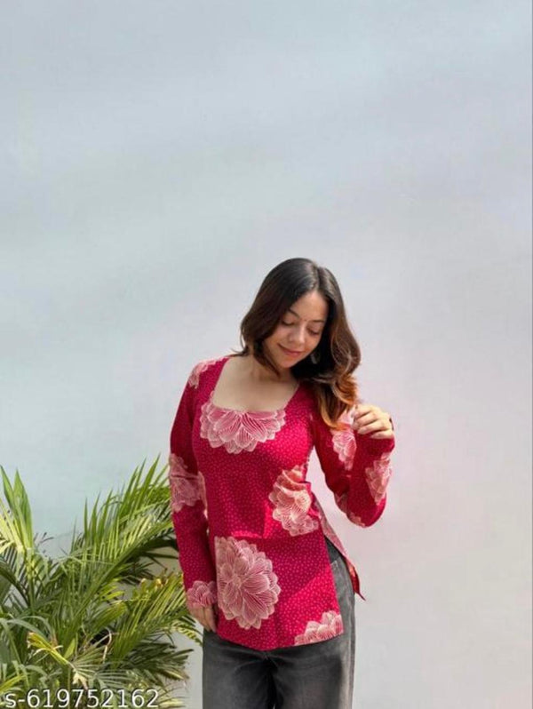 Women's Pink Oversized Floral Print Square-Neck Short Kurti
