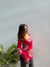 Women's Pink Oversized Floral Print Square-Neck Short Kurti