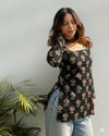 Women's Black Small Floral Print Square-Neck Short Kurti