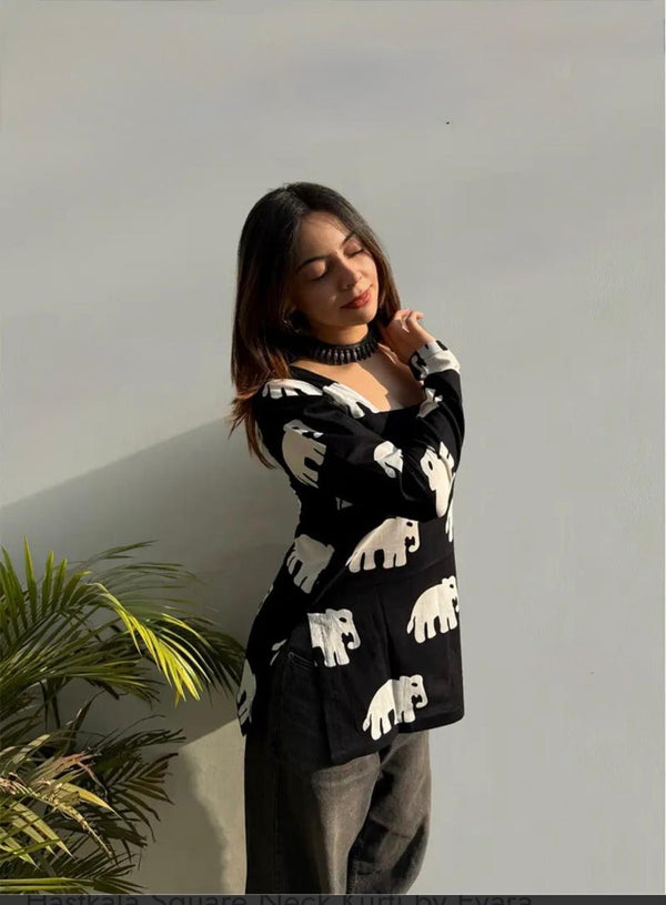 Women's Black White Elephant Print Square-Neck Short Kurti