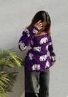 Women's Purple White Elephant Print Square-Neck Short Kurti