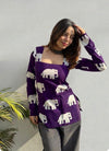 Women's Purple White Elephant Print Square-Neck Short Kurti