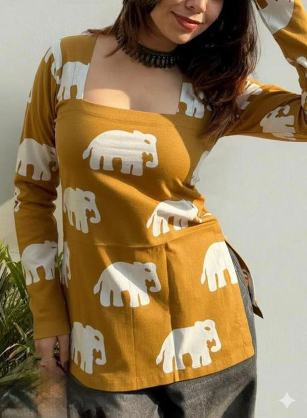 Women's Mustard White Elephant Print Square-Neck Short Kurti