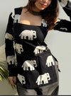 Women's Black White Elephant Print Square-Neck Short Kurti