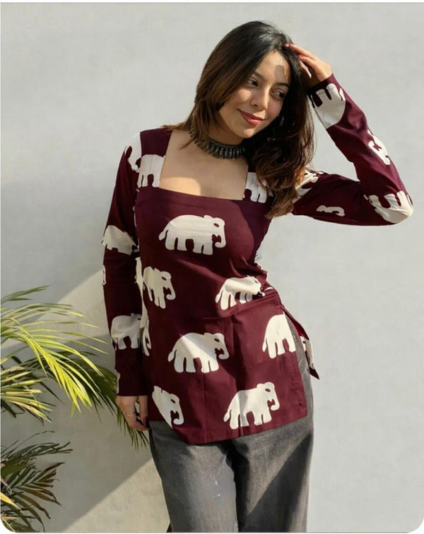 Women's Maroon White Elephant Print Square-Neck Short Kurti