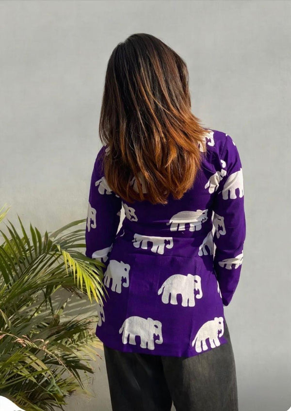 Women's Purple White Elephant Print Square-Neck Short Kurti