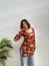 Women's Maroon Mustard Botanical Print Square-Neck Short Kurti