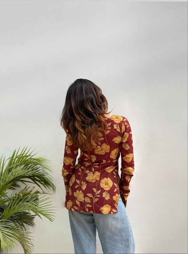 Women's Maroon Mustard Botanical Print Square-Neck Short Kurti