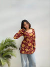 Women's Maroon Mustard Botanical Print Square-Neck Short Kurti