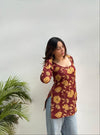 Women's Maroon Mustard Botanical Print Square-Neck Short Kurti