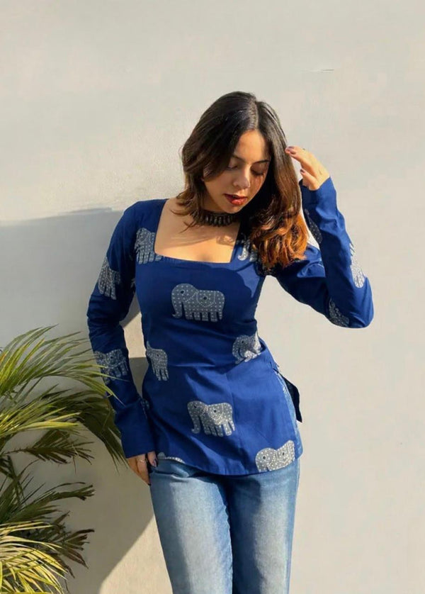 Women's Blue Decorative Elephant Print Square-Neck Short Kurti