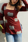 Women's Maroon Decorative Elephant Print Square-Neck Short Kurti