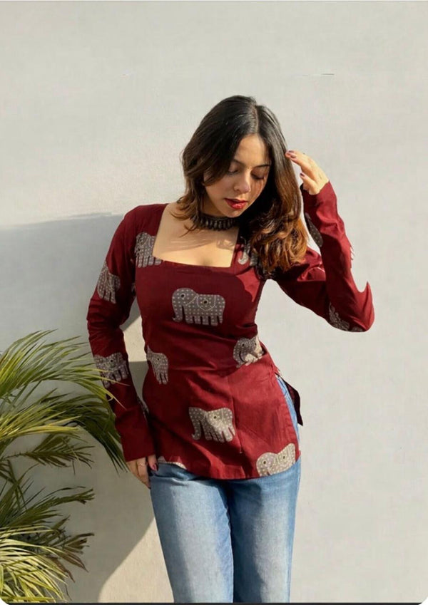 Women's Maroon Decorative Elephant Print Square-Neck Short Kurti