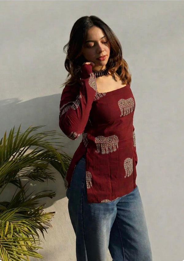 Women's Maroon Decorative Elephant Print Square-Neck Short Kurti