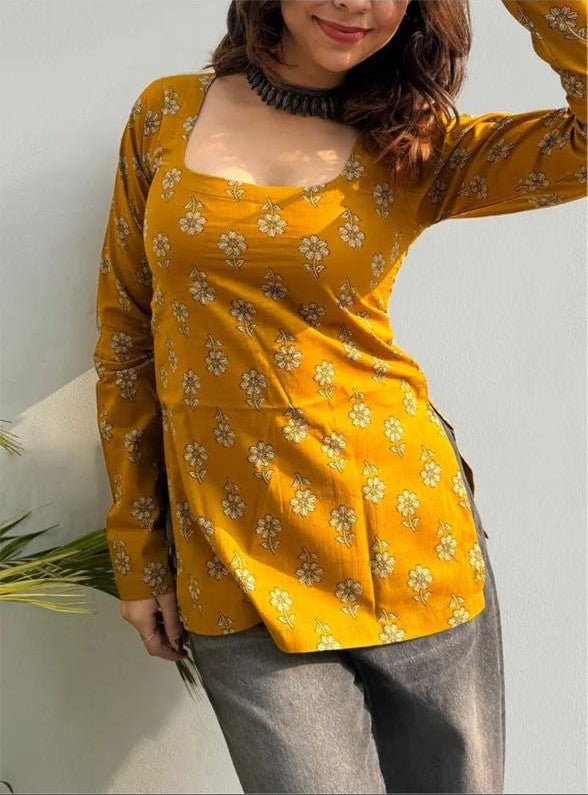 Women's Mustard Small Floral Print Square-Neck Short Kurti